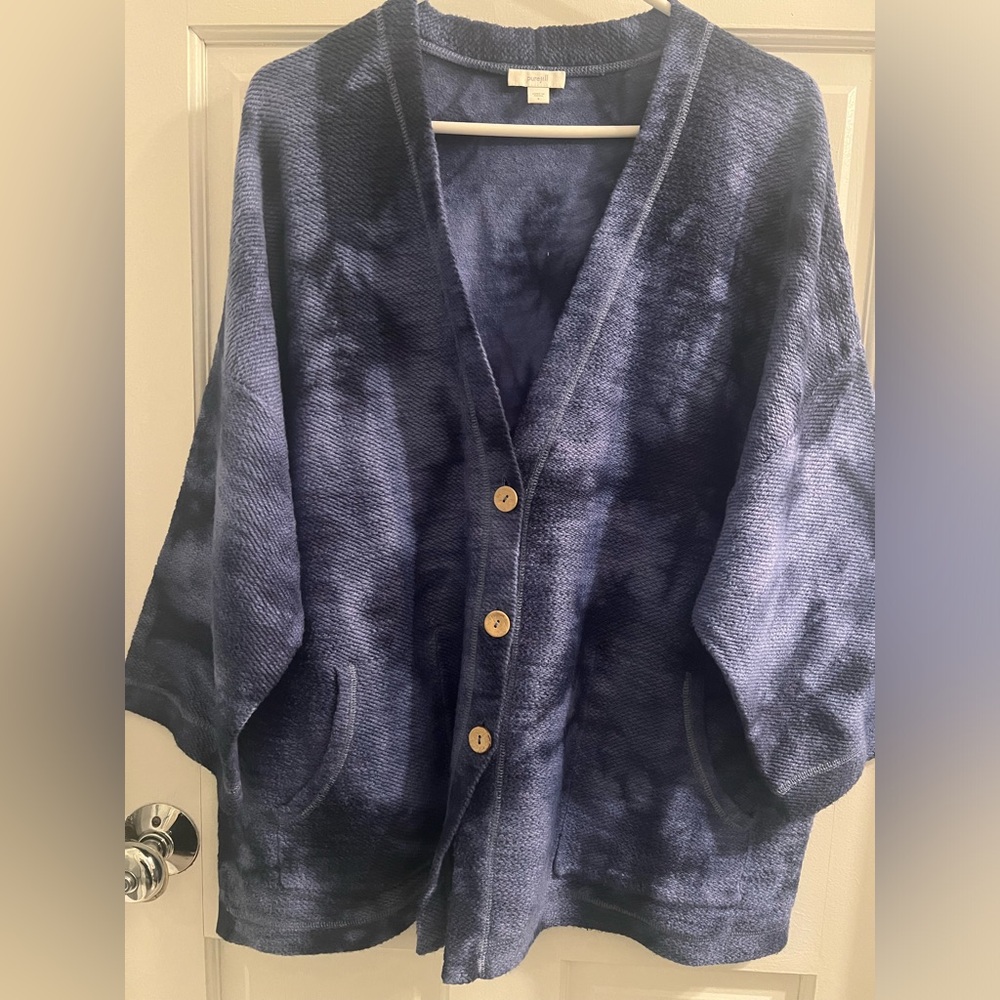 J. Jill Navy Tie-Dye Button Front Cardigan